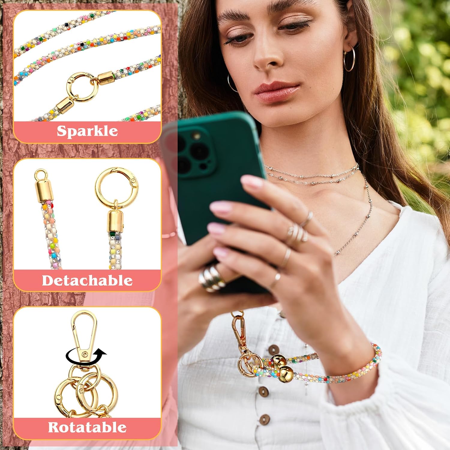 4 Set Crystal Phone Straps Colorful Phone Chain Crossbody Neck and Wrist Lanyard Anti Theft Layered Strap Gold Metal Buckles for Women