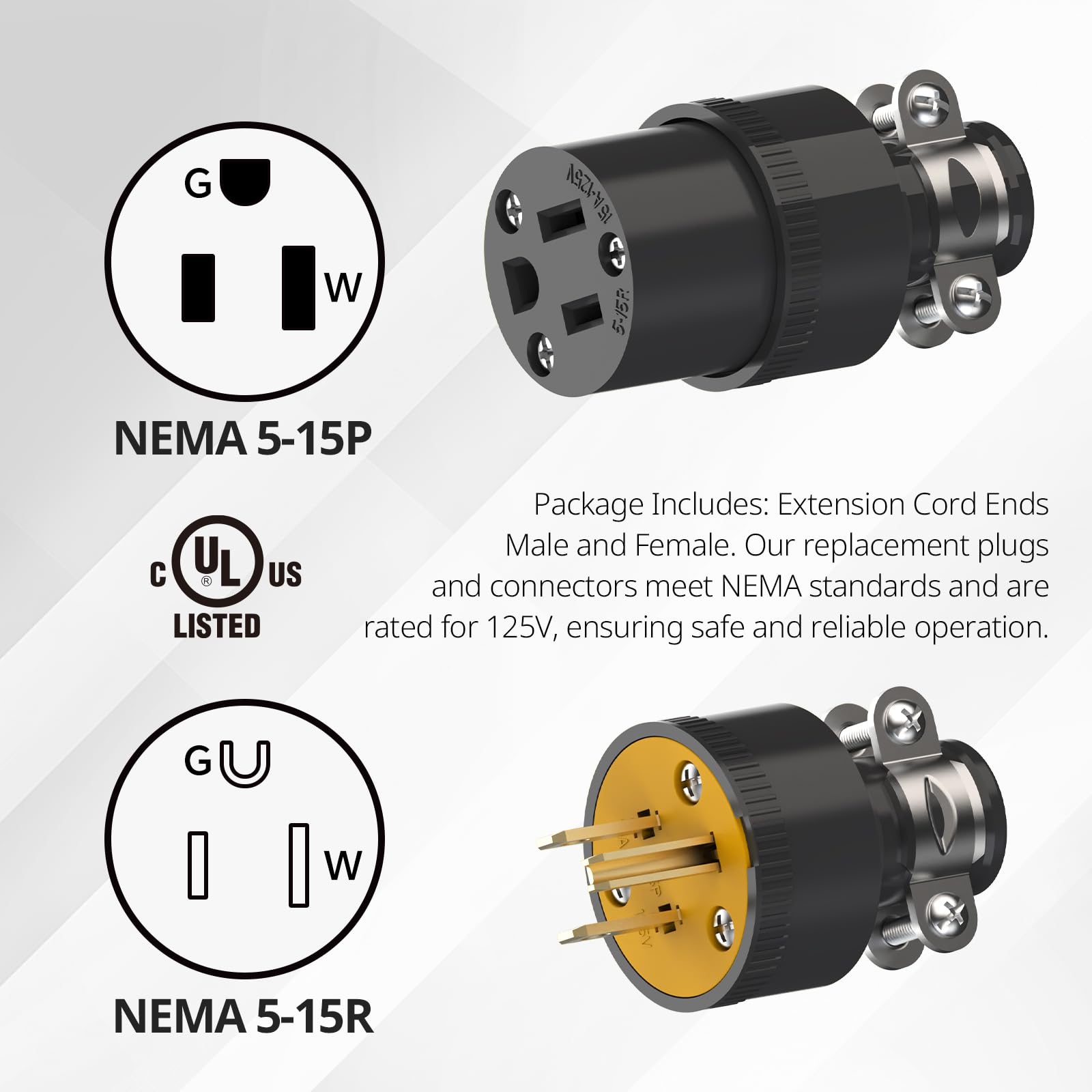 ThunderWay Lot de 10 fiches et connecteurs électriques de rechange pour rallonges mâles et femelles, 15 A 125 V, type de mise à la terre, NEMA 5-15P et 5-15R, 3 broches, noir
