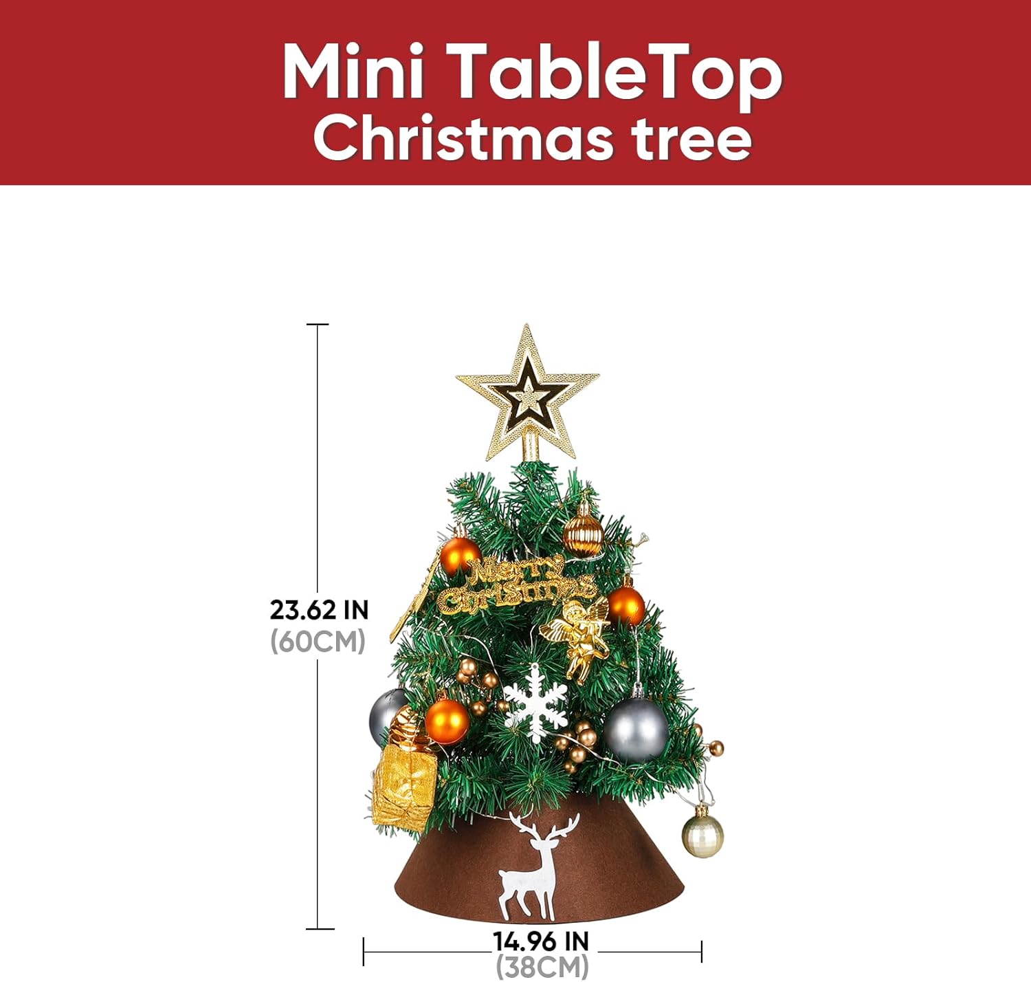 Northroad 24 Inch Tabletop Christmas Tree, Artificial Mini Xmas Pine Tree with 30 Lights,Small Xmas Star Tree for Christmas Decor 1ft 11in Green