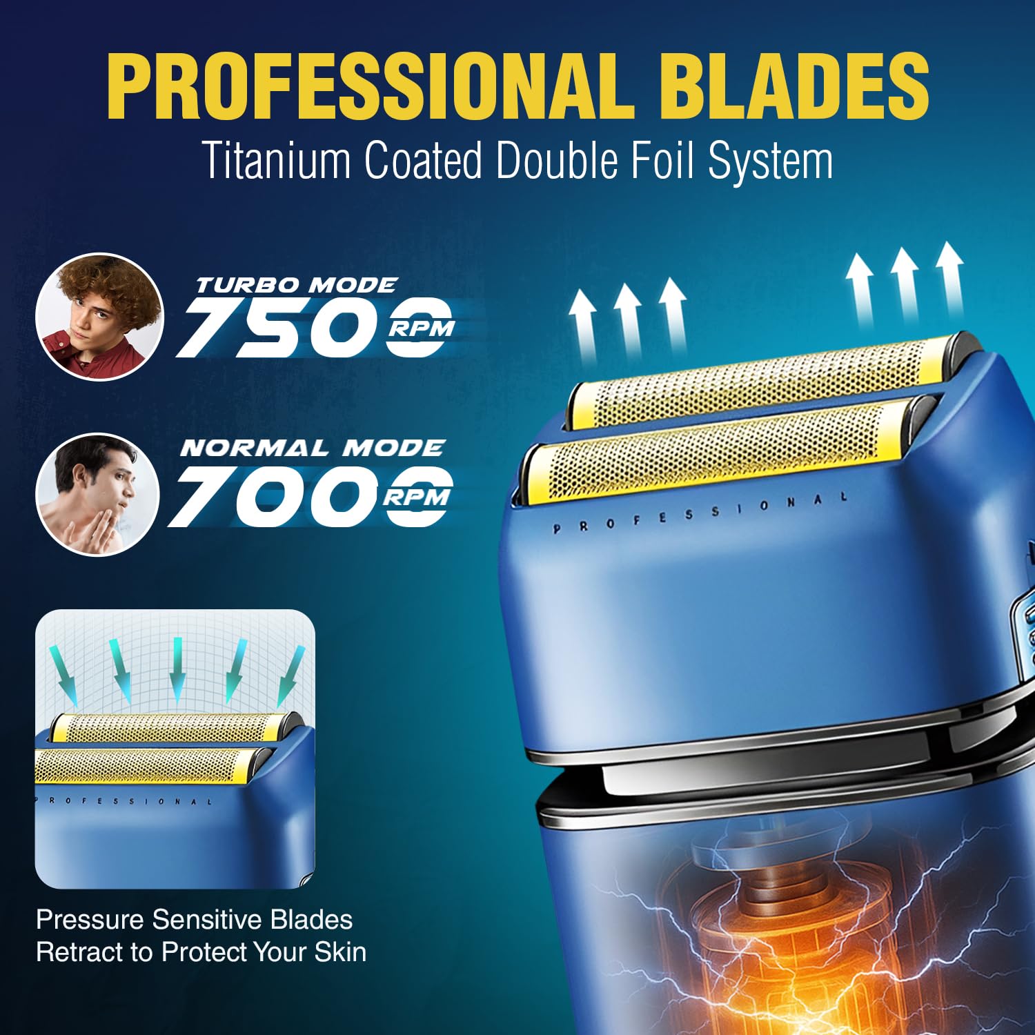 VGR V-362 Foil Shaver illustrating Turbo Mode (7500 RPM) and Normal Mode (7000 RPM) with pressure-sensitive blades.