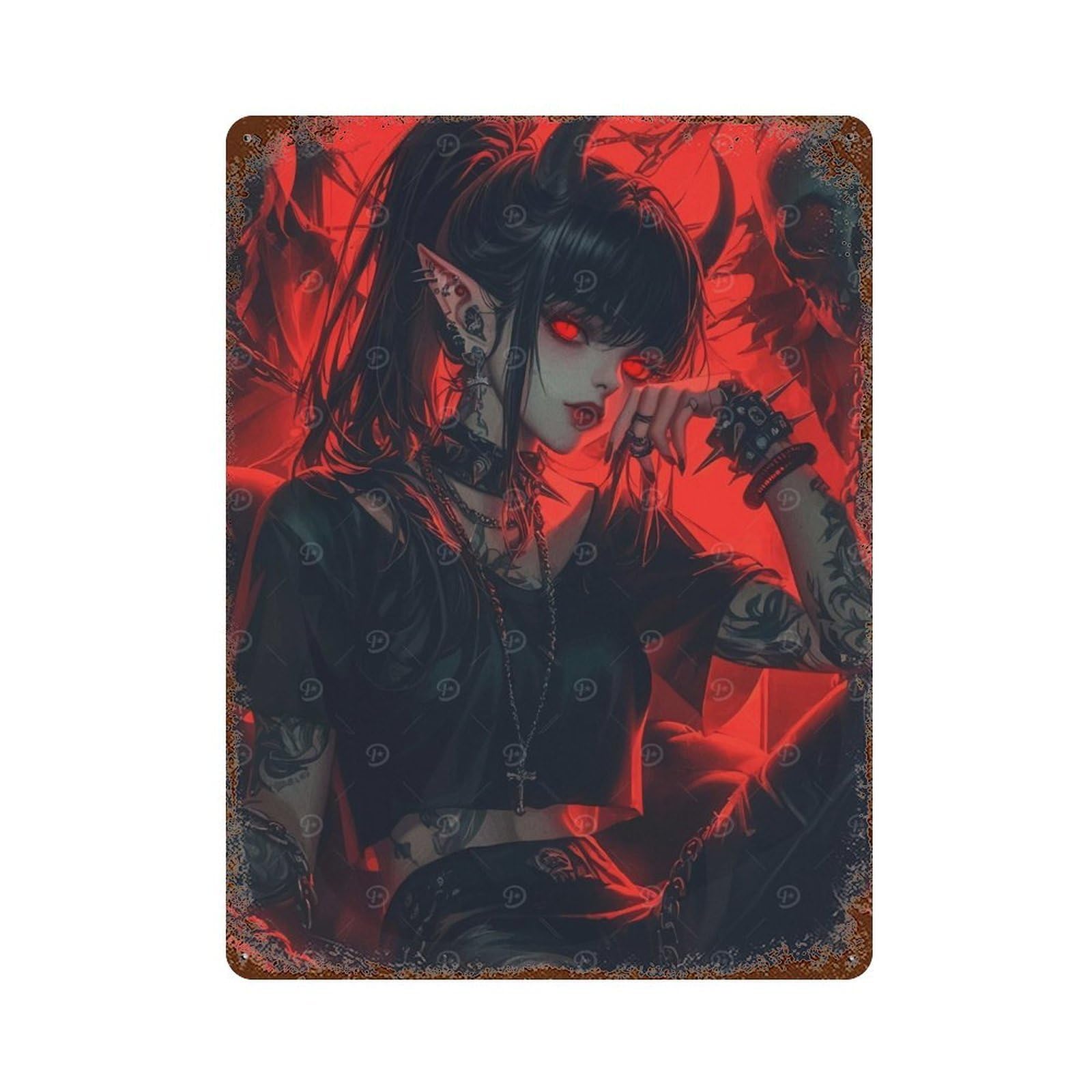 Demon Girl with Red Eyes 15.7"x11.8" Vintage Rust Metal Sign, Novelty Wall Decor for Living Room, Hallway And Home Decor