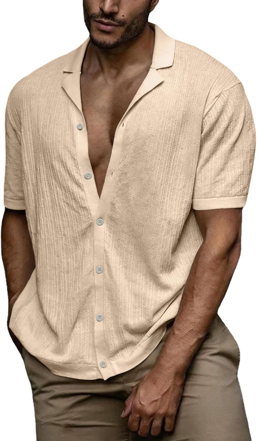 RTRDE Mens Short Sleeve Button Down Shirts Knit Summer Beach Hawaiian Vacation Cuban Collar Shirts, S-3XL