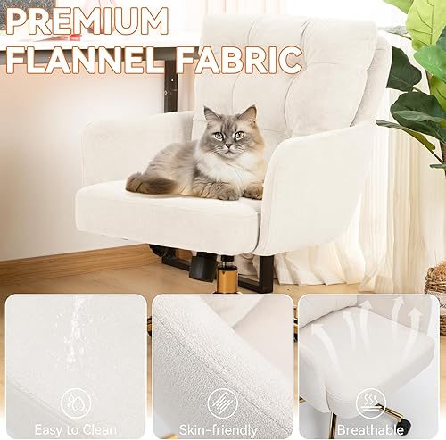 Miniatura 6 de Flannel Office Chair Vanity Chair Comfy Home Office Desk Chairs with Lumbar Support, Modern Plush Fabric Desk Gold Legs Swivel Task for Home Office