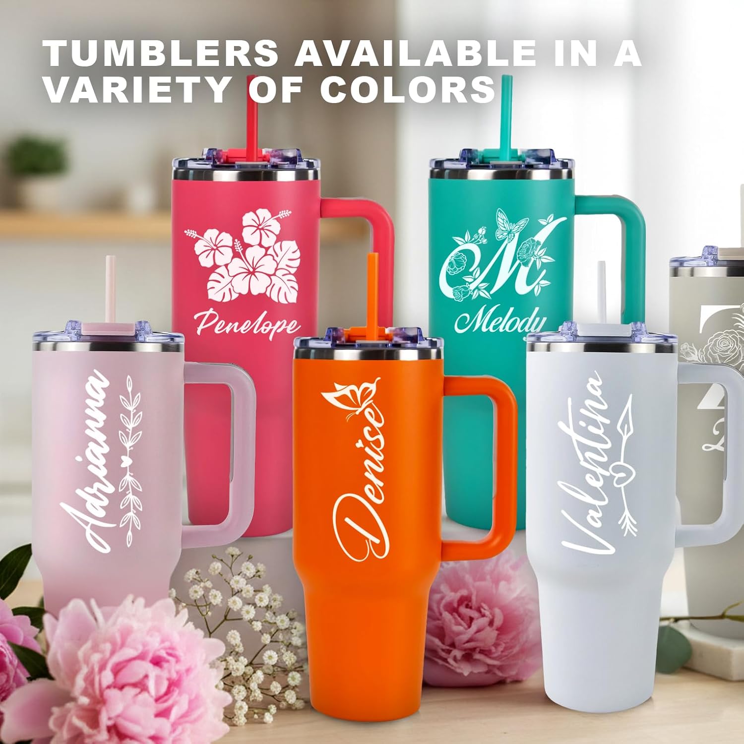 Personalized 40 oz Engraved Tumbler, With Handle, 2 Straws, Brush and Pad, Custom Stainless Steel Insulated Travel Cup, Double-Wall, Keeps Drinks Hot & Cold, Gift for Him, Her, Teen. (Light Pink) - Image 4