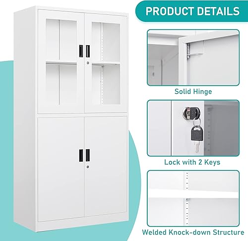 Miniatura 4 de MIIIKO Armario de almacenamiento de metal negro con puertas de cristal, armario de exhibición negro con estantes ajustables y puertas de bloqueo,