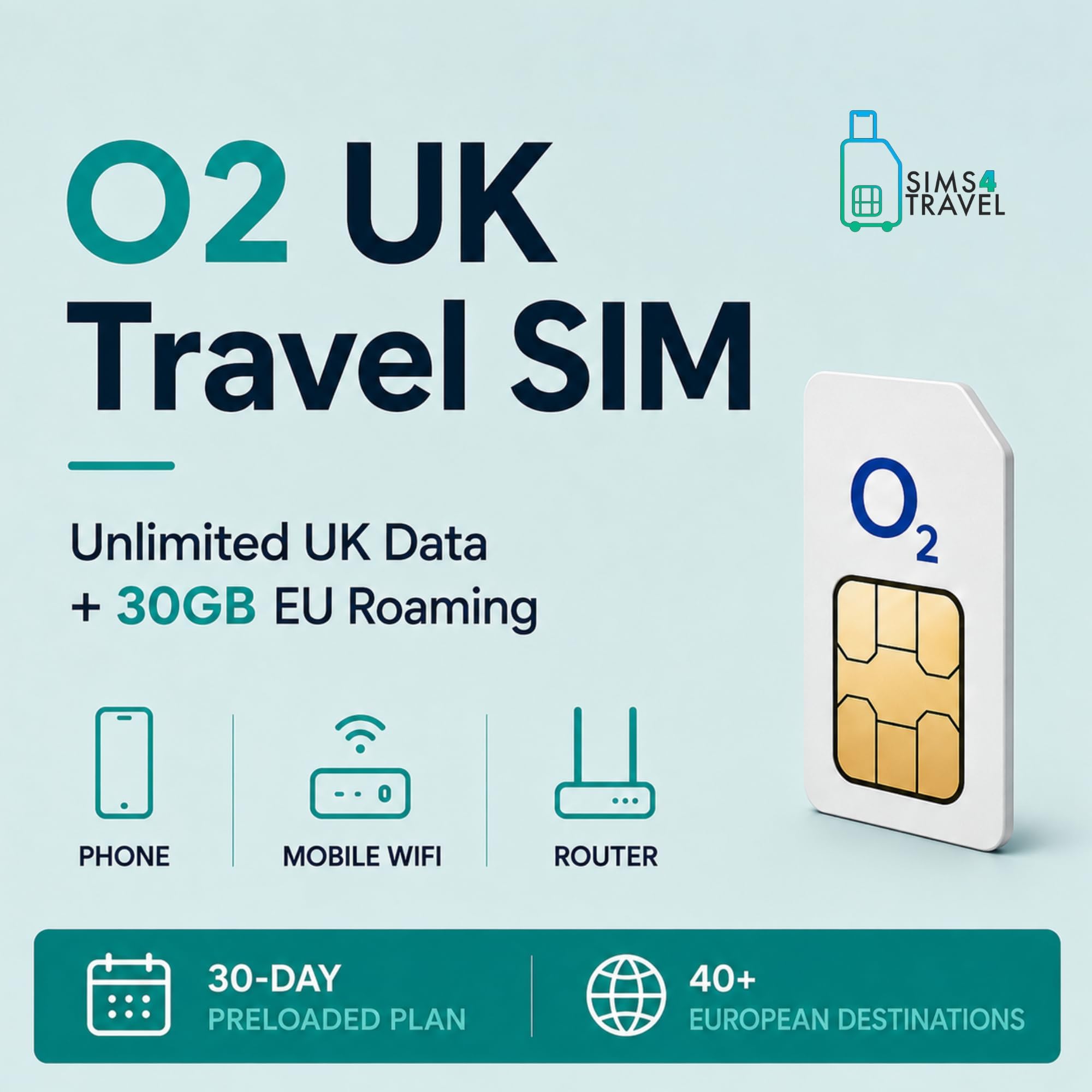$45 Sims4Travel Prepaid O2 UNLIMITED Data Plan. Unlimited 5G Data for use in the UK (Valid for 30 Days from Activation). Easy to Renew. (3-in-1 SIM Card). Stay connected whilst in the UK.