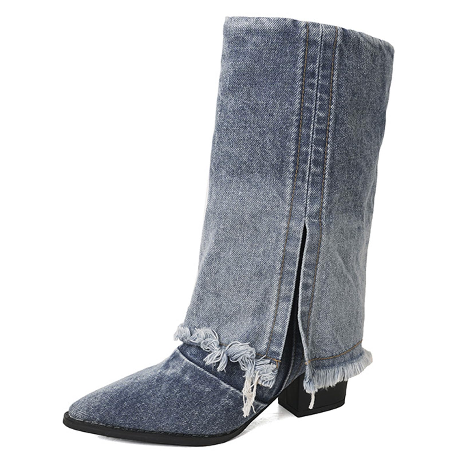 Womens Denim Fringe Chunky Heel Fold Over Mid-Calf Jeans Booties Vintage Fashion Pointed Toe Block Heel Western Cowboy