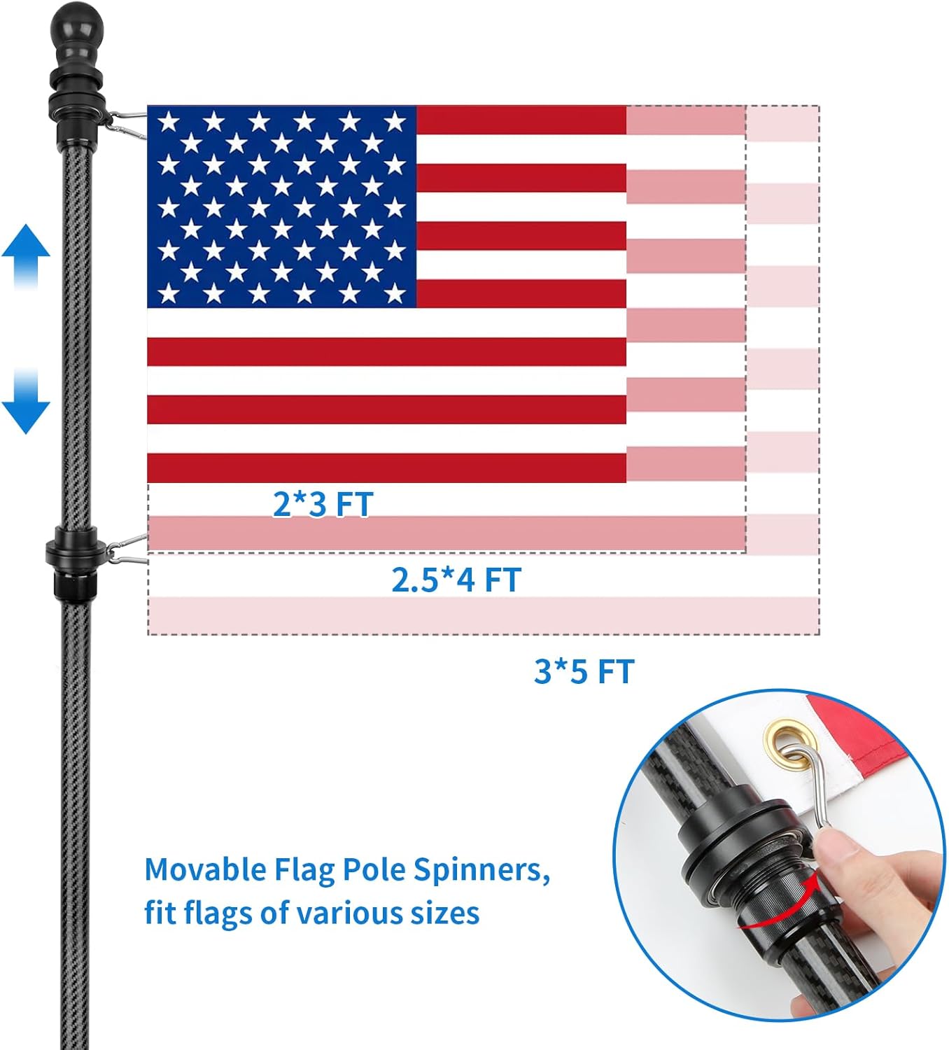 HIBLE Carbon Fiber Flag Pole with Upgraded Metal Screw, 5 Foot Flag Pole for House and Porch Non Wrapping Flagpole with Smooth Bearings Spinners (Flagpole Only, 4 Sections)