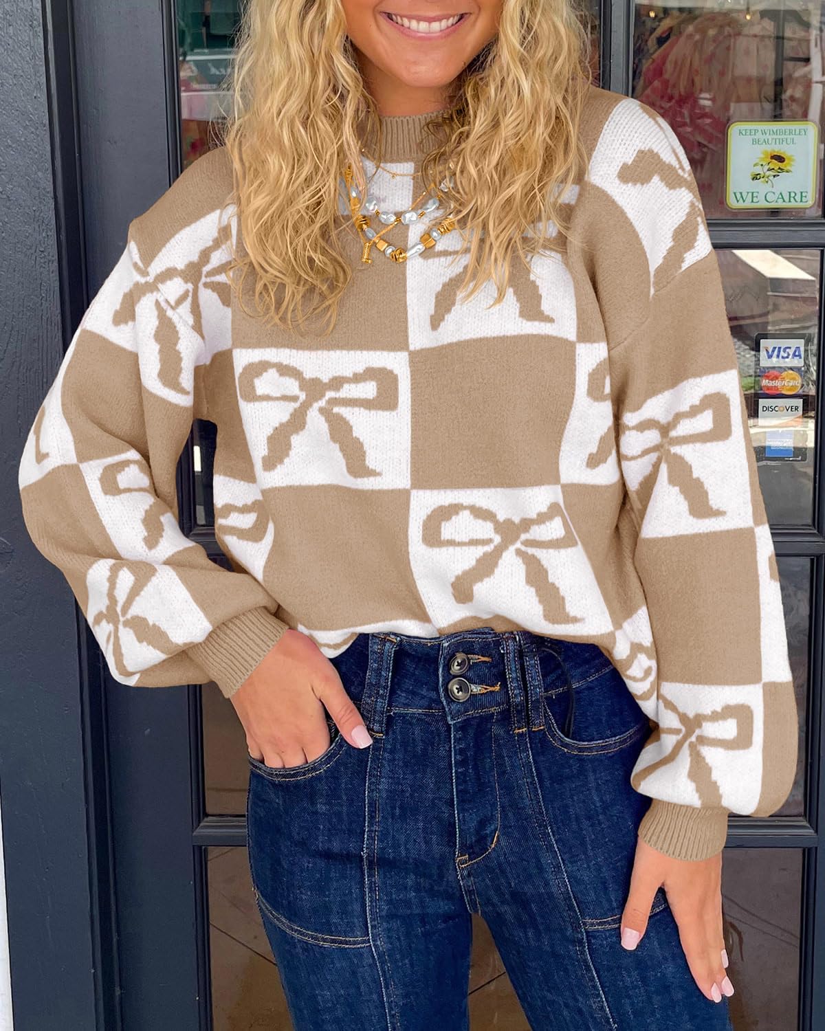 Saodimallsu Womens Color Block Bow Sweater Oversized Crewneck Long Sleeve Knit Warm Pullover Tops - Image 2