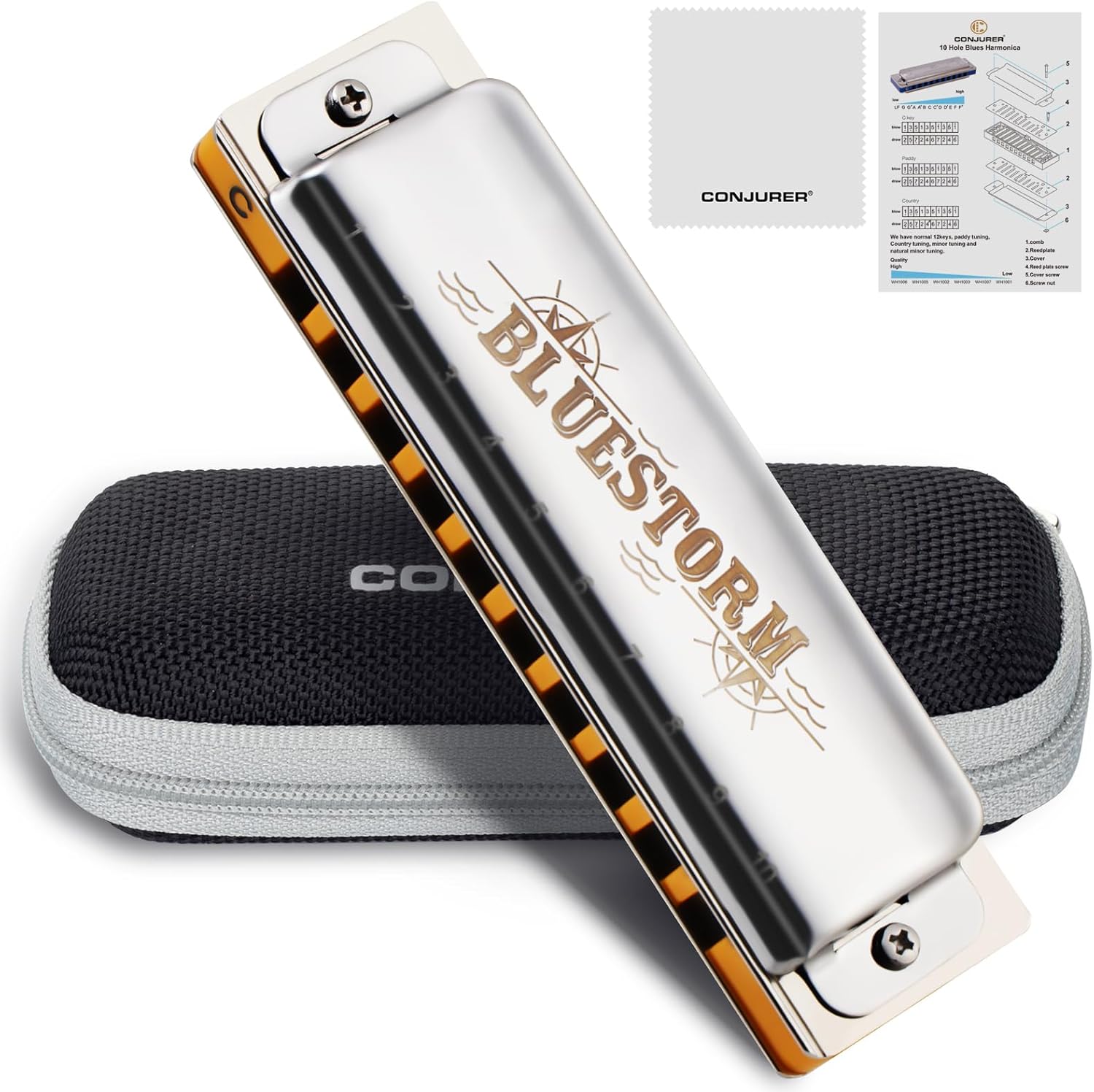 CONJURER Blues Harmonica for Adult Beginners 10 Hole Diatonic Harmonica in C Key Phosphor Bronze Reeds Brass Deluxe Mouth Organ Blues Harp with Case, Key of C Silver