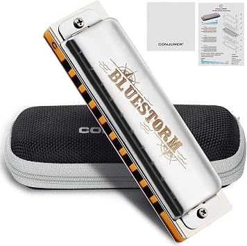 CONJURER Blues Harmonica for Adult Beginners 10 Hole Diatonic Harmonica in C Key Phosphor Bronze Reeds Brass Deluxe Mouth Organ Blues Harp with Case, Key of C Silver