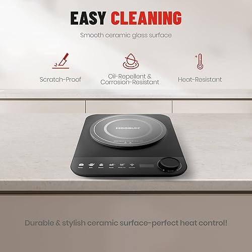 Miniatura 6 de Placa de cocción de inducción portátil, mini estufa de 1300 W con 5 modos de cocción, fácil de usar y 18 niveles de potencia, quemador de inducción