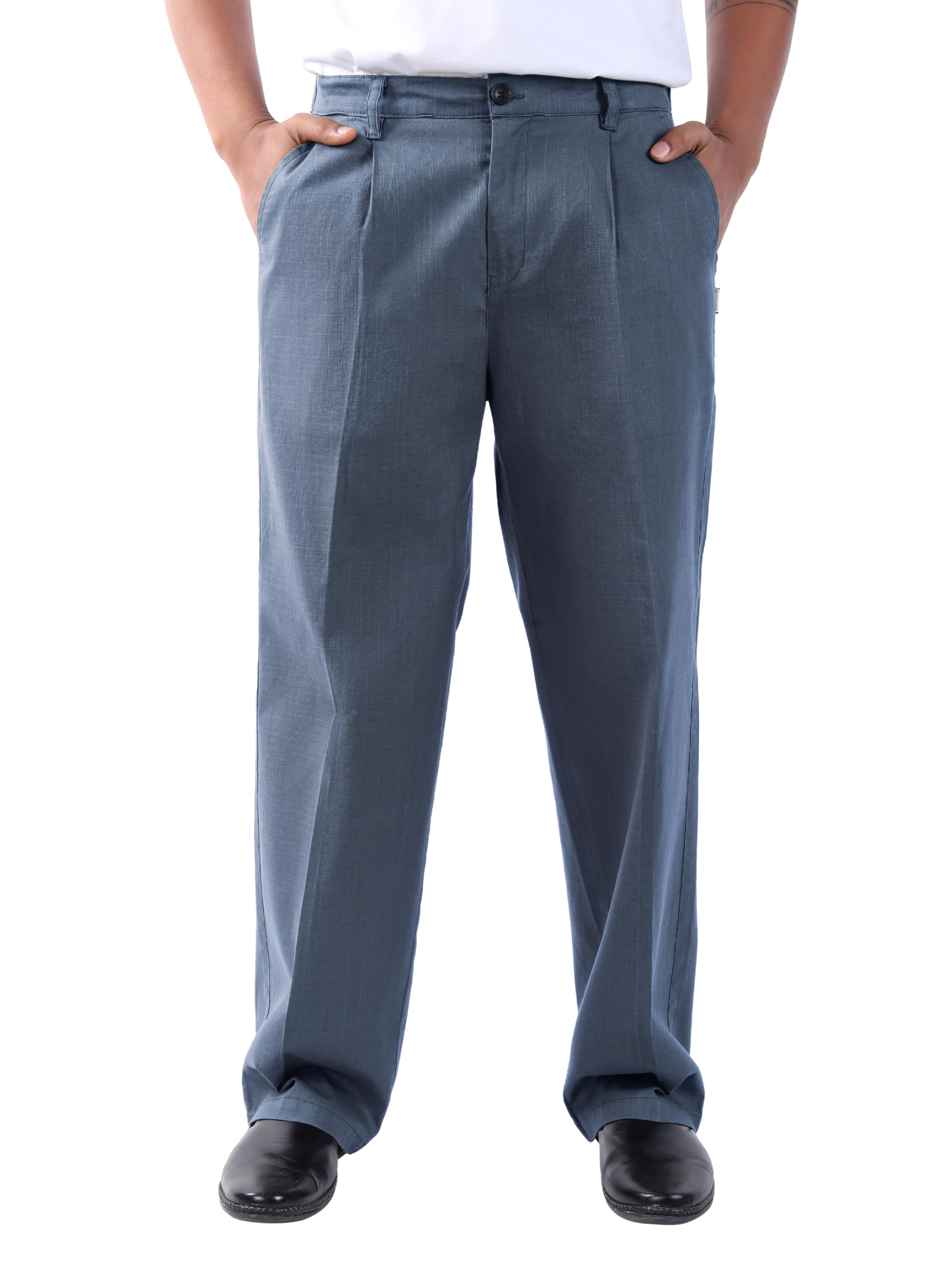 Cotton Slub Straight Fit Pleated Trousers for Men-image-47