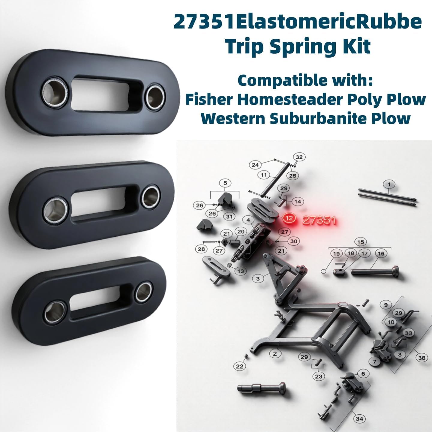 27351 Elastomeric Rubber Trip Spring Kit, for Western Suburbanite Plow, Fisher Homesteader Plow and Poly Plows