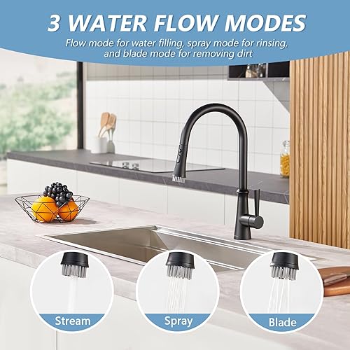 Miniatura 2 de Aktines - Grifo de cocina de acero inoxidable con rociador extraíble, grifo de fregadero de cuello de cisne de arco alto con cepillo de limpieza,