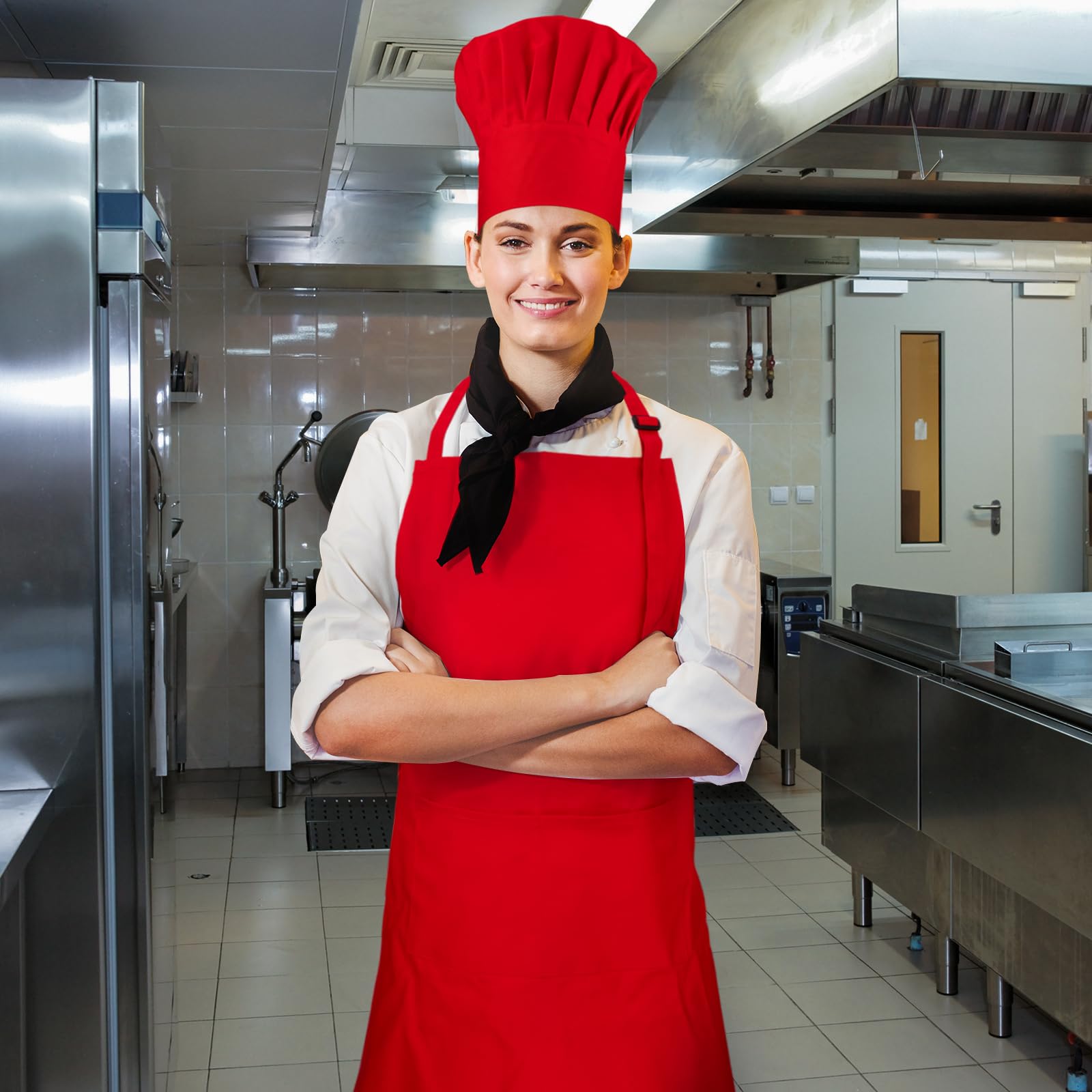 Set grembiule da chef e cappello, 2 tasche regolabili, in cotone, grembiule da cucina, costume da panettiere per uomo e donna