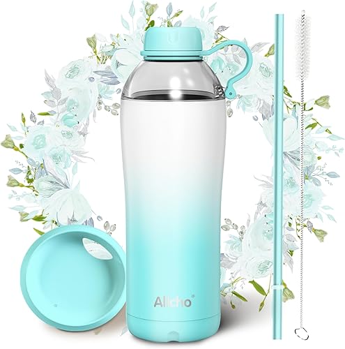 Miniatura 15 de Botella de agua aislada para mujeres, botellas de agua de acero inoxidable de 18 oz, de doble pared, 2 tapas (para beber y taza) - Hidrata y Púrpura