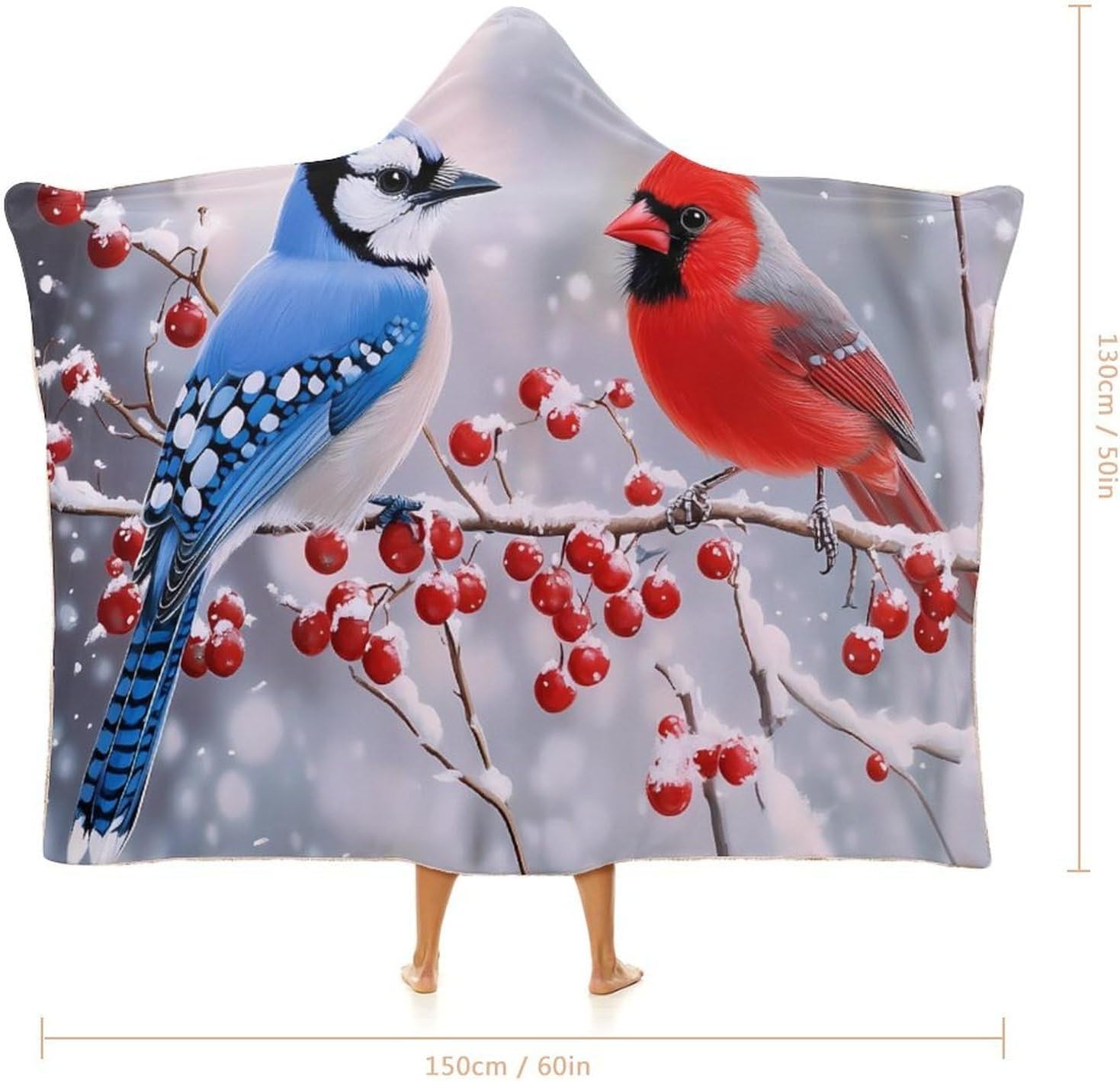 Blue Jay Cardinal Bird Winter Cute Hooded Wearable Blanket Warm Wrap Blanket Cape Cozy Gifts for Adults Home Office