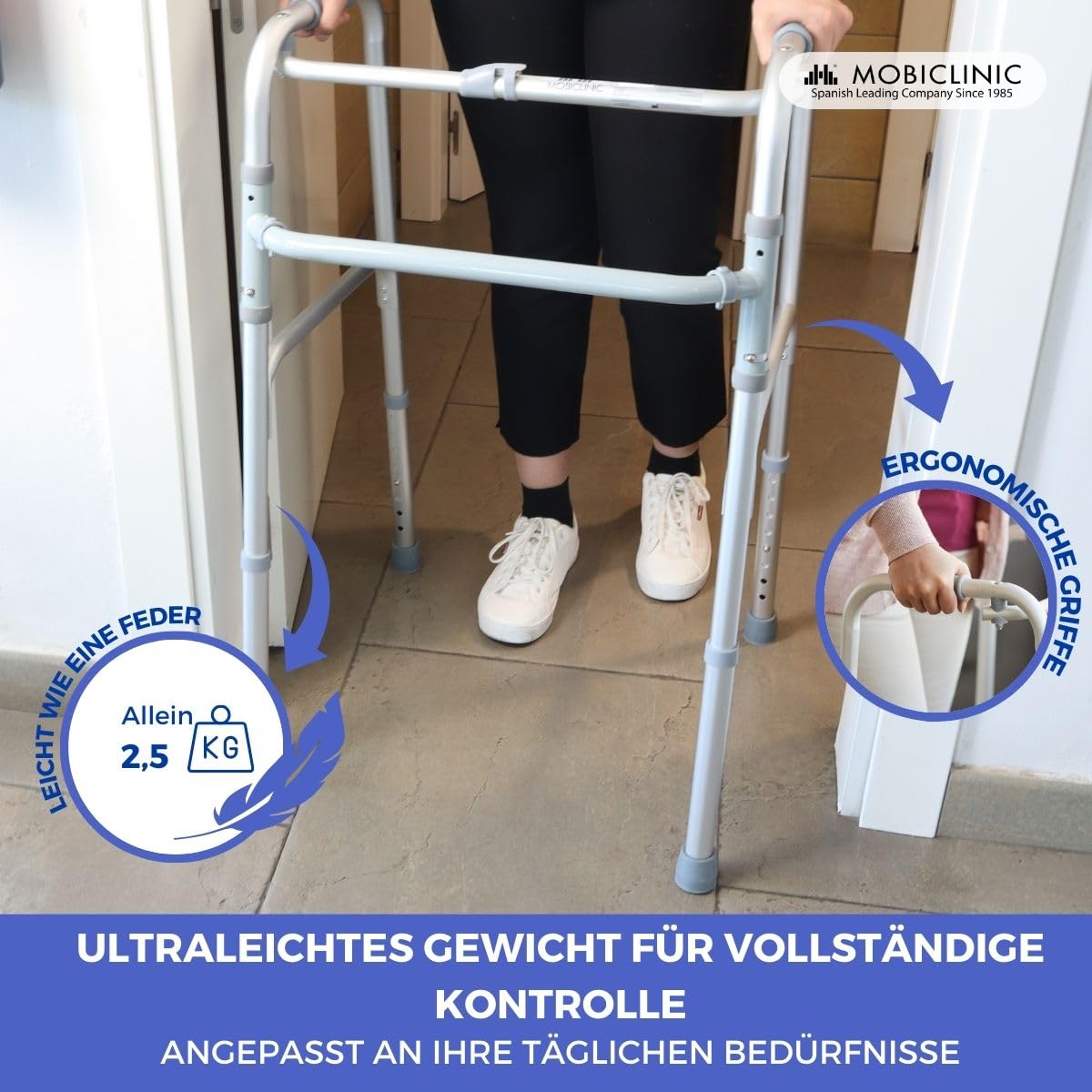 Mobiclinic®, Gehhilfe, Gehbock, Schmal, Stabil, Klappbar, 4 gummifüße, Aus aluminium, Leichtgewicht, Europäische marke, Höhenverstellbar, Ergonomische griffe, Nur 2, 5 kg, Silber, Modell columna