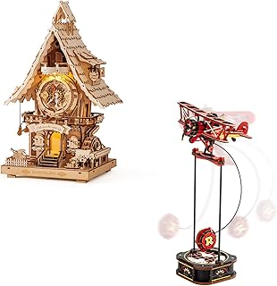 ROBOTIME 3D Wooden Puzzles for Adults-Cuckoo Clock Wooden Models for Adults & Plane Gravity Swing Model, Aircraft Model Kits
