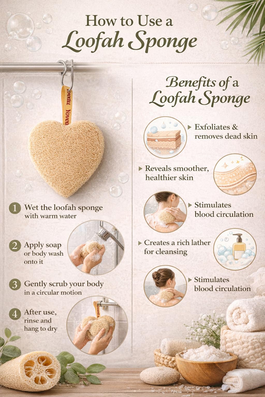 Yovedu Natural Loofah Sponge (3 Pack) with Cotton Canvas Potli Bag β Plant-Based Body Exfoliator, Soft When Wet, Plastic-Free Bath Scrubber for Shower & Skincare (Heart) 4