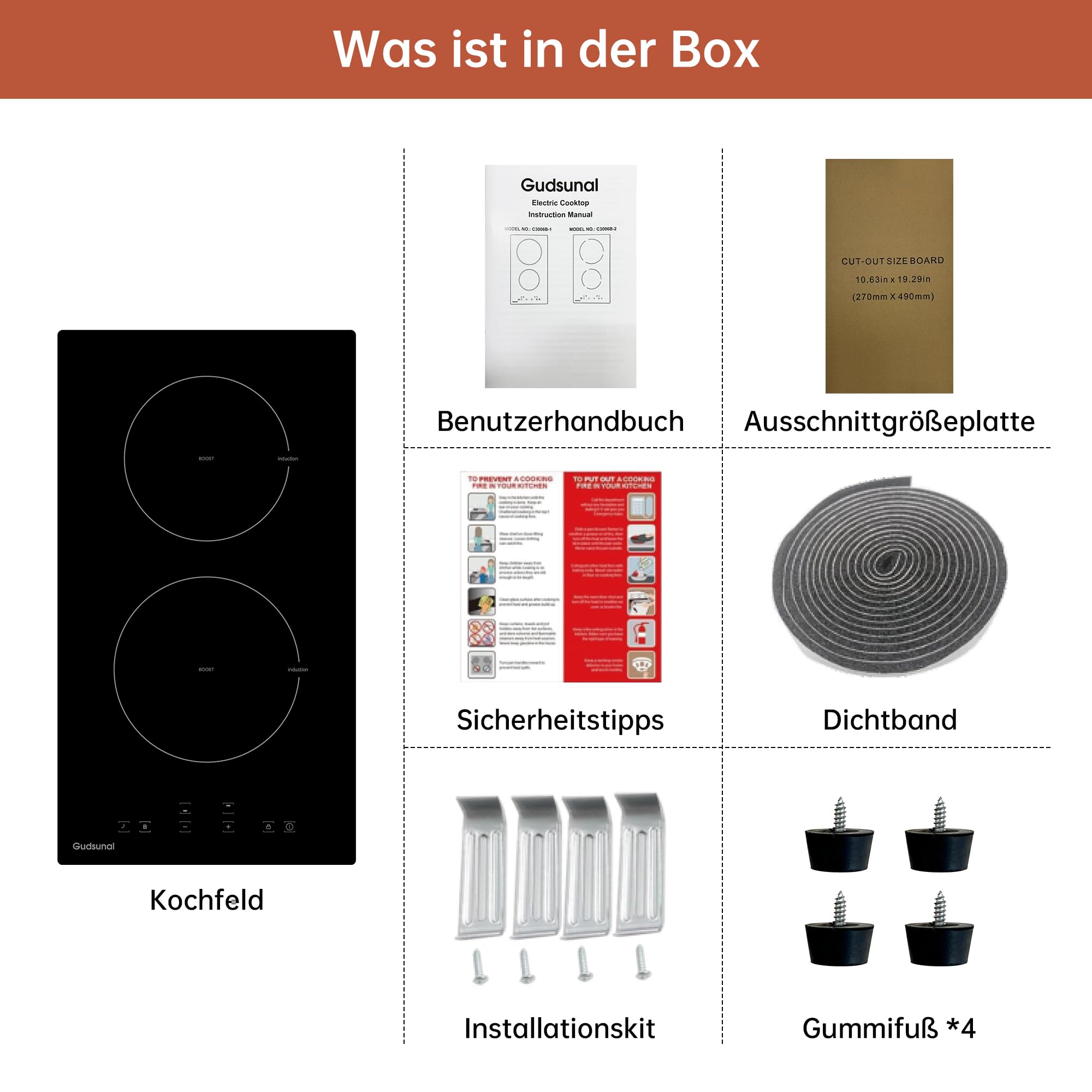 Induktionskochfeld, Kochfeld 2 Platten Einbau, 3600 W, kontinuierliche Niedrigleistungsheizung, Booster, 9 Leistungsstufen, Timer, automatische Abschaltung, Kindersicherung, Topferkennung