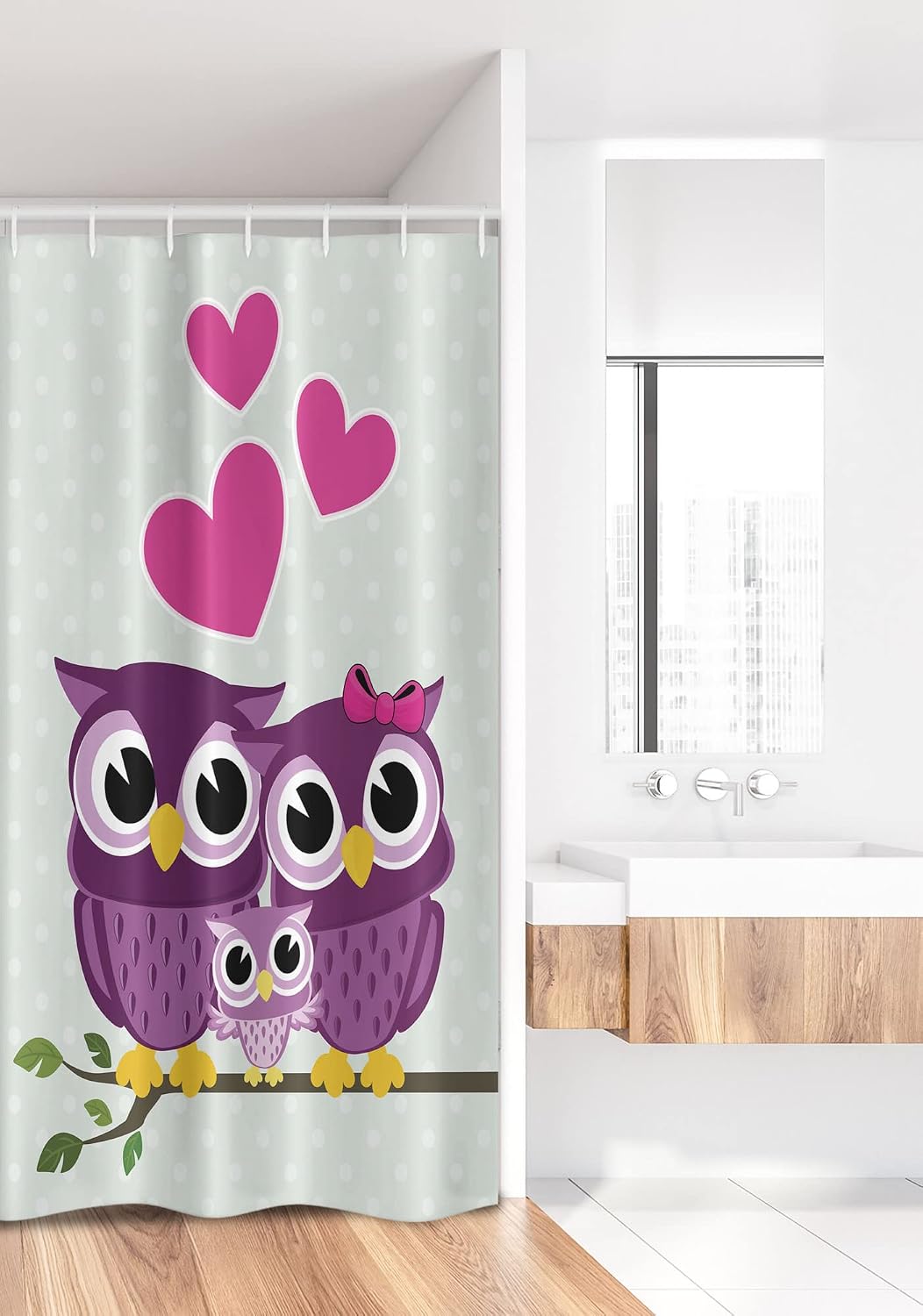 Ambesonne Owls Stall Shower Curtain, Animal Couple Owl Sitting on a Branch Family Portrait Cartoon Art, Fabric Bathroom Decor Set with Hooks, 36" W x 72" L, Purple Yellow Pink