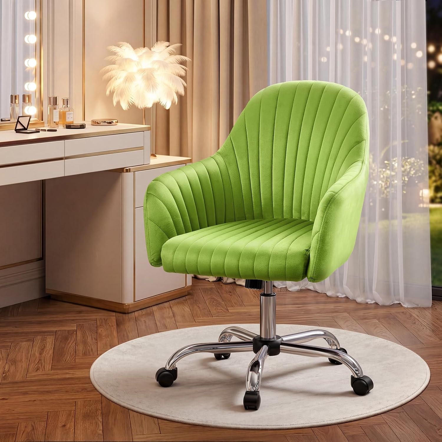 Warmiehomy Velvet Desk Chair for Home Office, Modern Swivel Task Chair, Women Vanity Chairs with Arm Rest for Bedroom Dressing Room, Velvet Moss Green
