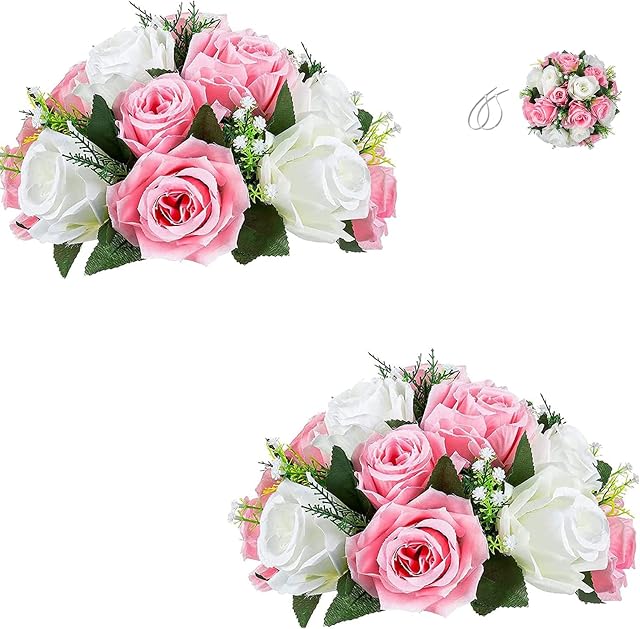 BLOSMON Flower Centerpieces for Tables Wedding 2 Pcs Pink & White Fake Flowers Rose Arrangement Bouquet Floral Centerpiece Balls Artificial Wedding Center Pieces of Valentines Day Home Party Decor