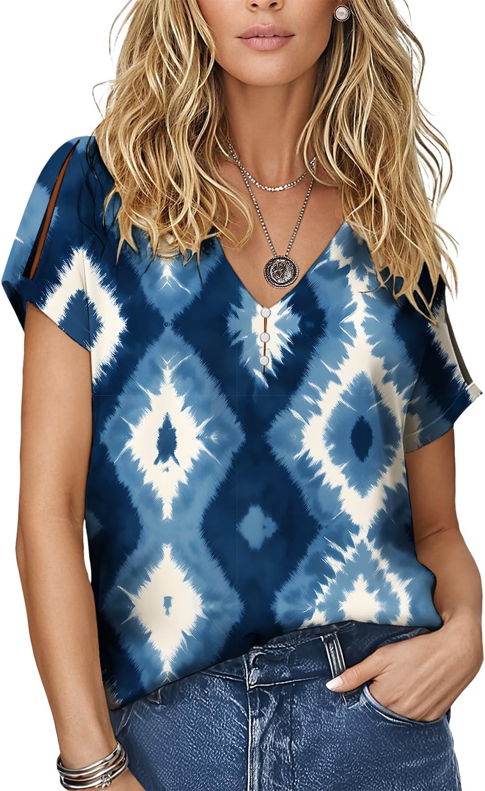 - Womens Shirts Tie Dye Print V Neck T-Shirts Trendy Flowy Soft Tee Summer Casual Short Sleeve Tees Tops