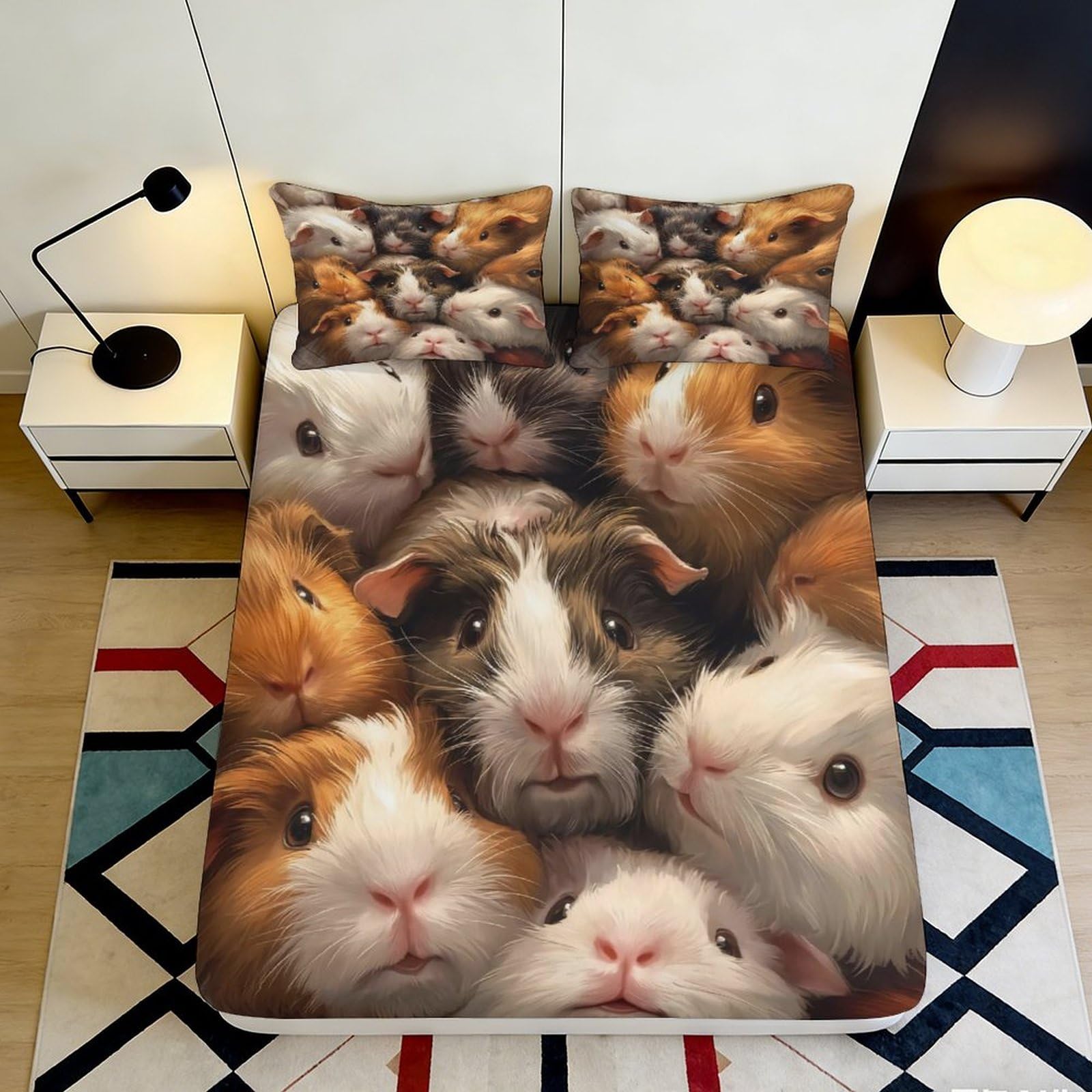 3D Printed Guinea Pig Fitted Sheet Microfiber Soft Anti-Slip Animal Bed Cover for Bedroom Dorm Decoration 90x200x25cm