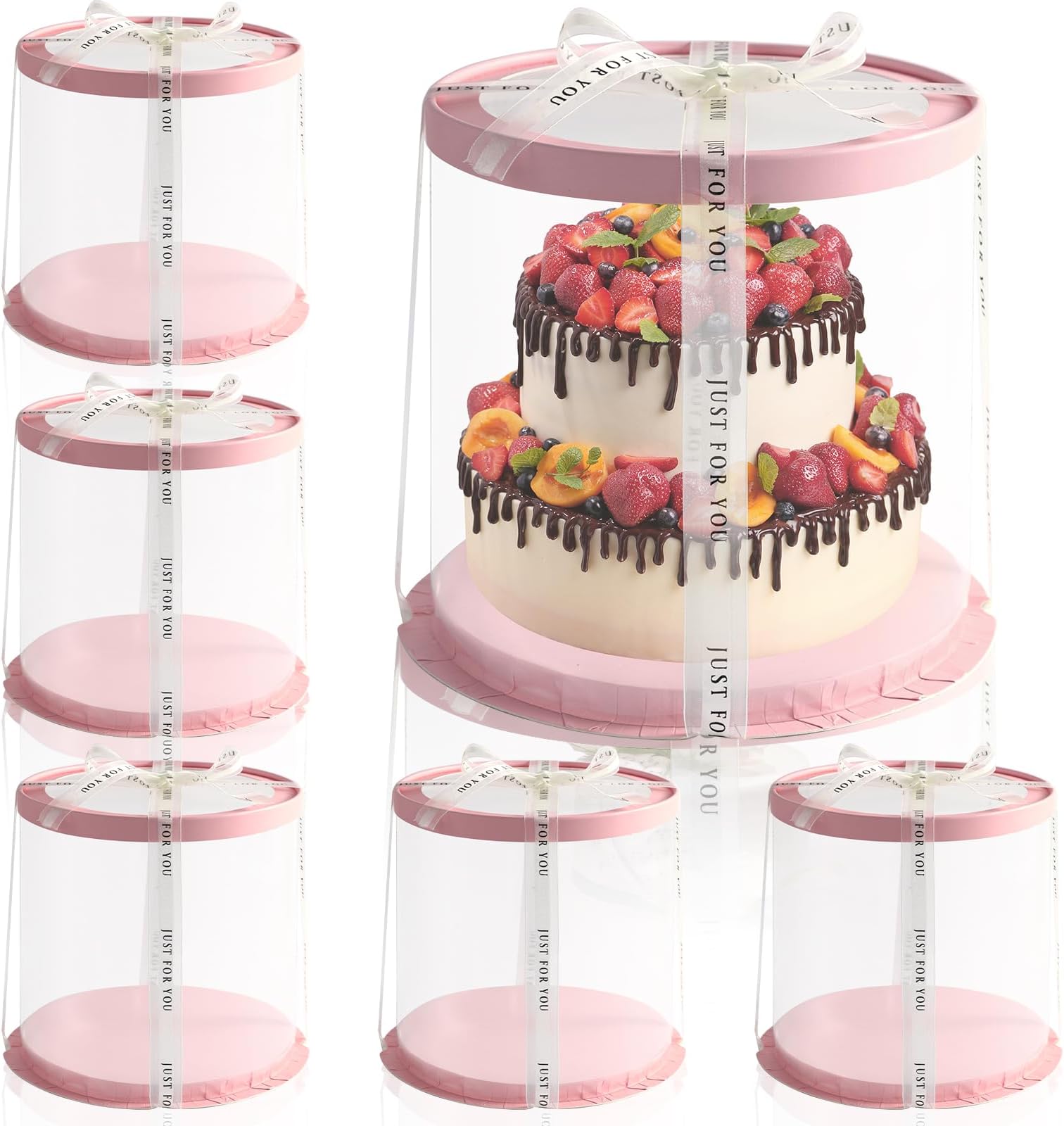 JCD Pink Multi-Layer 10 * 10 Inch Round Clear Cake Boxs with Ribbon,6 Pack Tall Transparent Packaging Cake Containers PET Cake Carrier Box for Birthday (Pink, Round 10inch/6pcs)