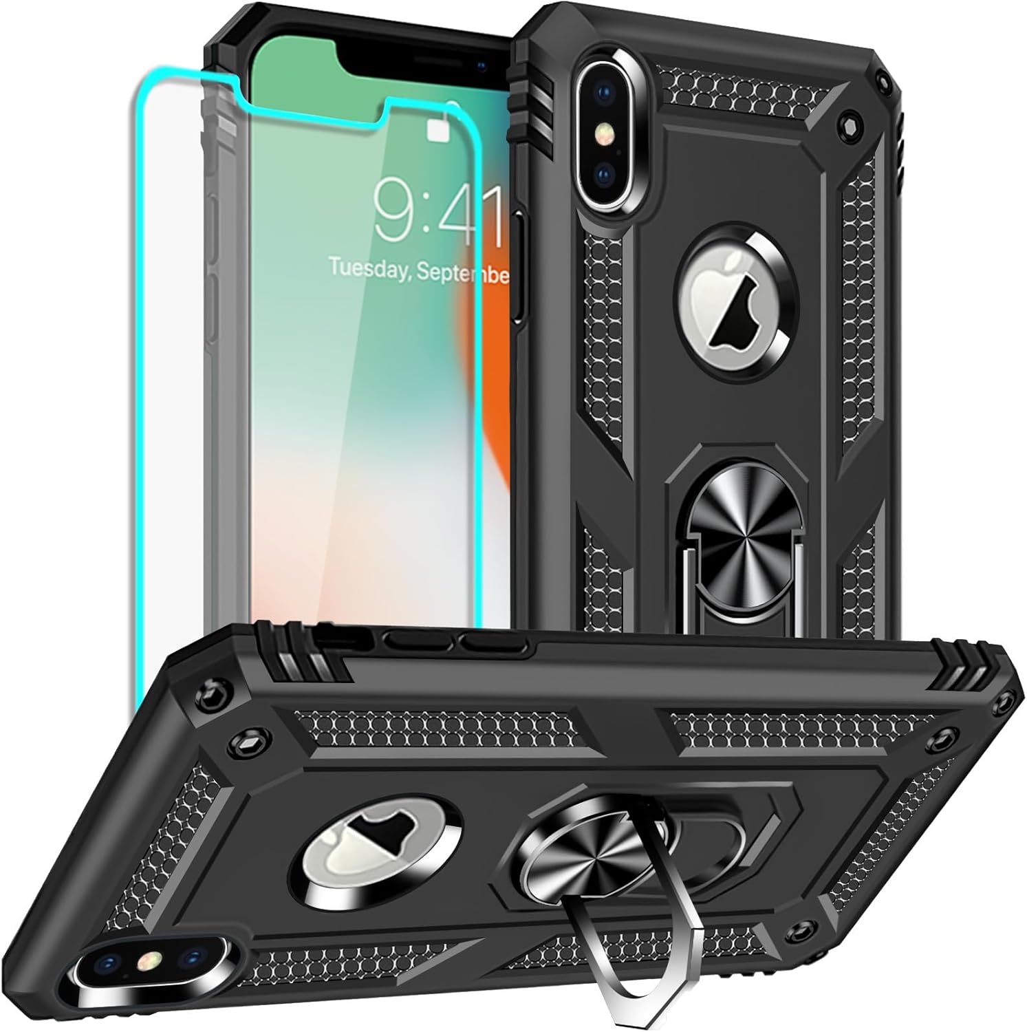 for iPhone X Case, iPhone Xs Case with Screen Protector, Silicone Shockproof Military Grade Protective Phone Cover with Ring Kickstand for Apple iPhone X/Xs Black