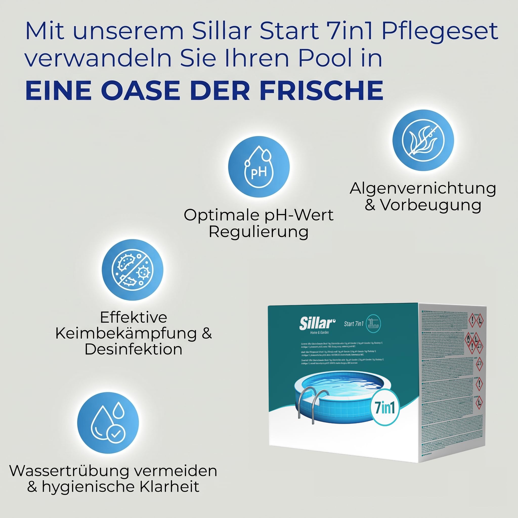 Sillar Pool Starter 7 in 1 Pool-Reinigungsset I Pool Zubehör I Pooltester pH/Cl-Messgerät, pH-Senker, Chlorgranulat, Klärmittel, Mittel gegen Algen, schrittweise Freisetzung von Chlor in Tabletten