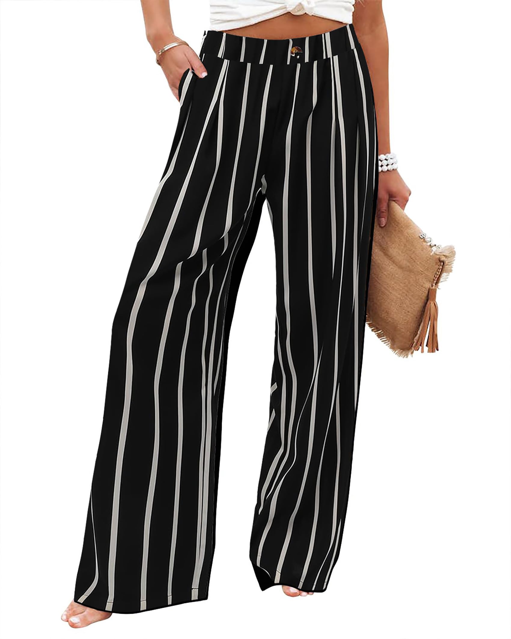 Womens Wide Leg Casual Long Pants High Elastic Waisted in The Back Business Offices Trousers Straight Pants with
