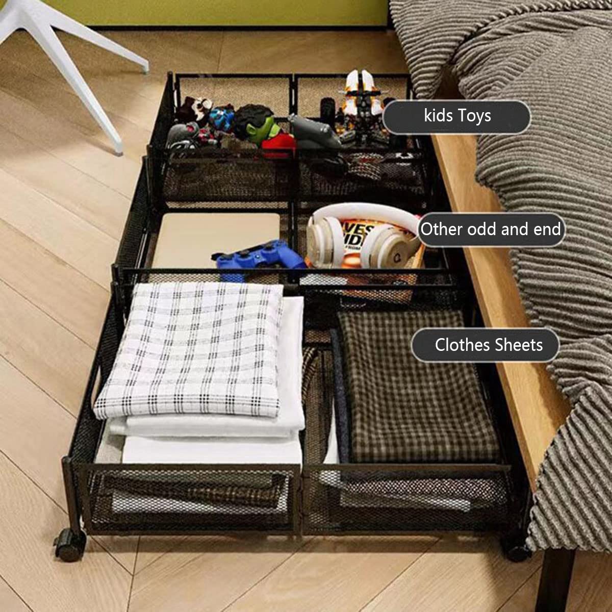 Rangement De Vêtements, Pliable en Fer Forgé sous Le Lit, Organiseur De Conteneurs De Rangement De Chaussures avec Roues, Montage Facile pour Ranger Vêtements, Literie Et Chaussures