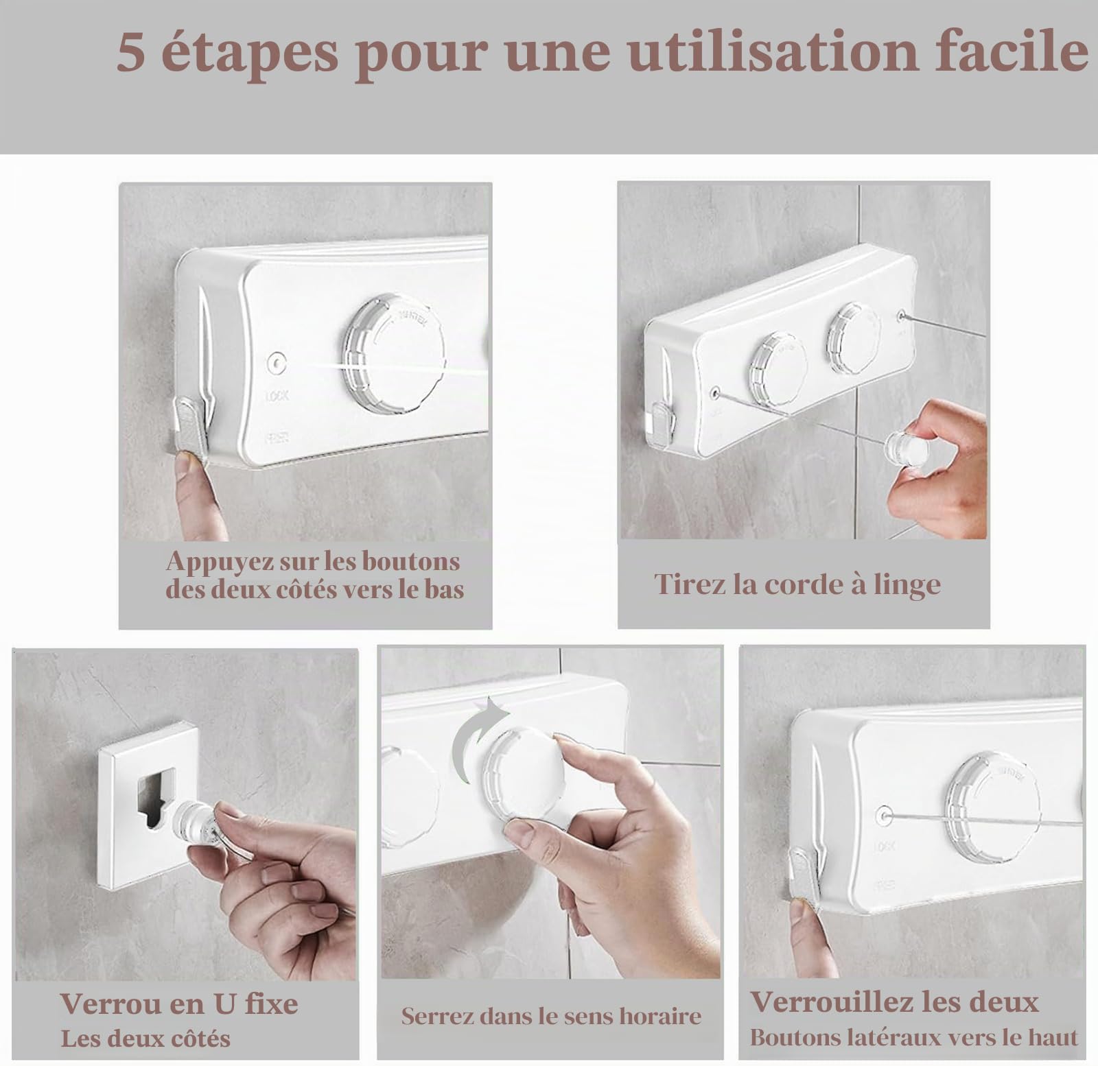 Corde à Linge Rétractable 5.1m,Fil à Linge Anti-Affaissement 20kg | Étendoir Linge Extérieur Mural Inox, Installation Facile pour Balcon, Salle de Bain, Camping (Blanc)