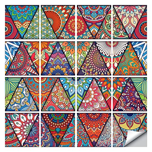 16 Pcs (6x6 in) Mandala Style Decorative Tile Stickers, Peel and Stick Self Adhesive Removable Tiles Backsplash Waterproof Kitchen Bathroom Furniture Staircase Home Decor Wall Sticker (MZ-274)
