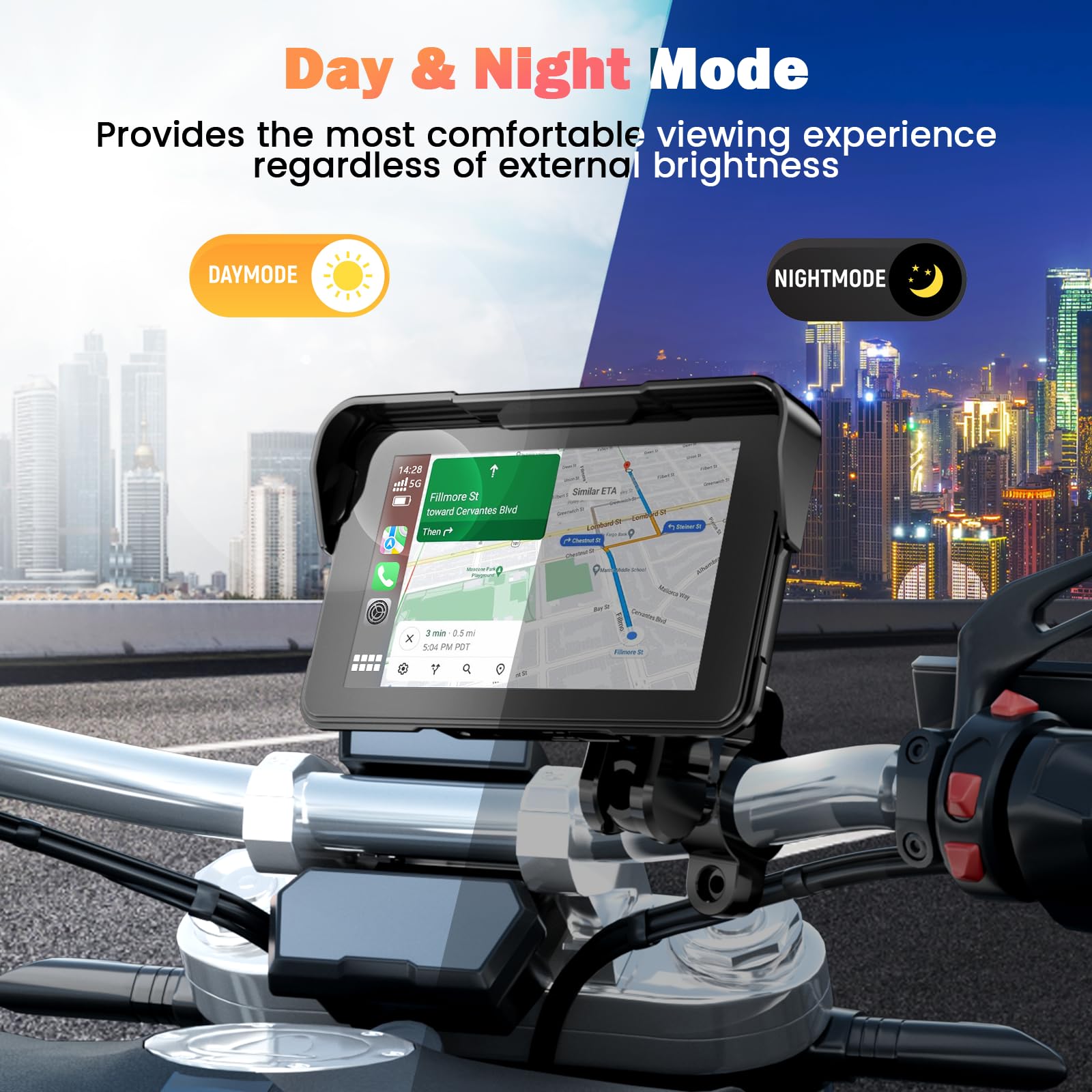 Navigatore Moto 5 Pollici Schermo Moto Carplay per Apple e Android Auto IP67 Impermeabile Touchscreen Bluetooth GPS