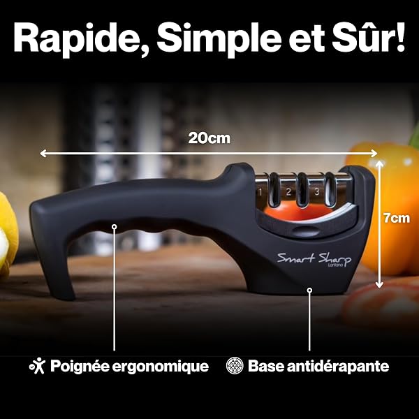 Lantana - Aiguiseur à 3 phases Smart Sharp - pour couteaux de cuisine - résultat professionnel/design ergonomique - pierre céramique/carbure tungstène/diamant - finition noire/chromée - 3