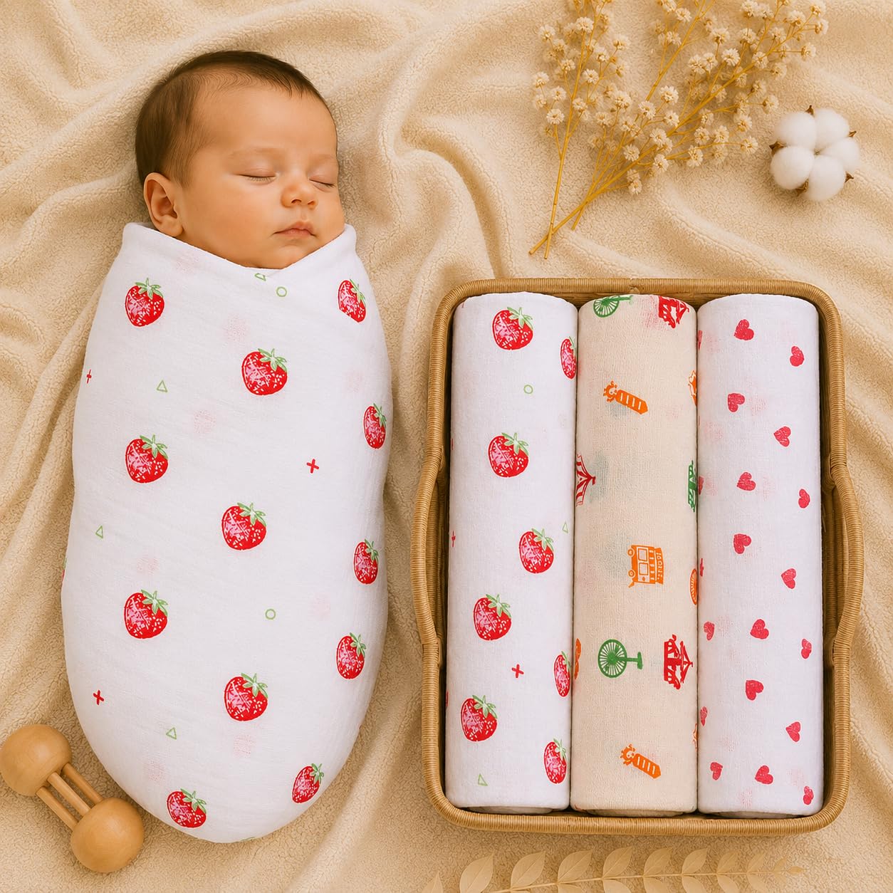 Pack of 3 100% Cotton Muslin Baby Swaddle, Baby Towel & Burp Cloth | 110x100 cm Mulmul Swaddle Wrap for New Born | Breathable, Hypoallergenic | 0-12 Months (3P-CI-RH-ST, Pack of 3)-picture-20