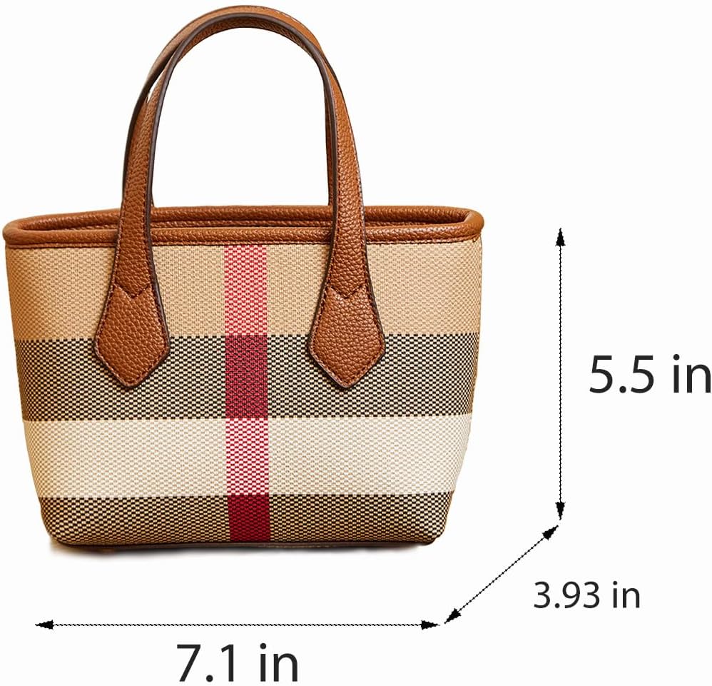 Small Size Luxury Plaid Canvas and Leather Women's Top Handle Tote for Everyday Play Shoulder Bag Mini Satchel - Image 4