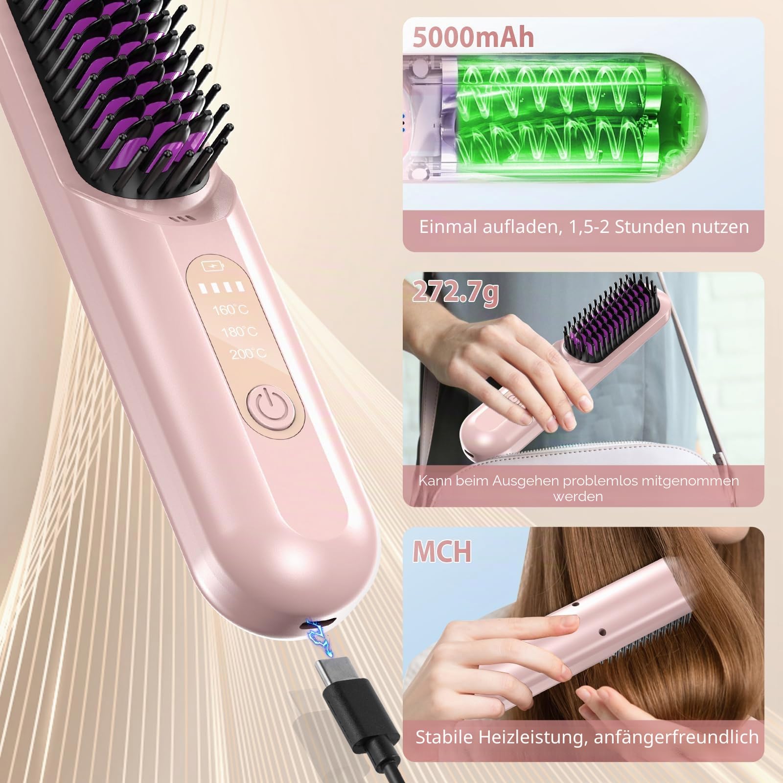 Anluomania Haarglätter Bürste, Kabellose Glättbürste, Glättungskamm 5000mAh, Tragbare Glättungsbürste für Reise 160-200℃, Negative Ionen Haarglätter Stylingbürste, Mini Glätteisen für Haarstyling