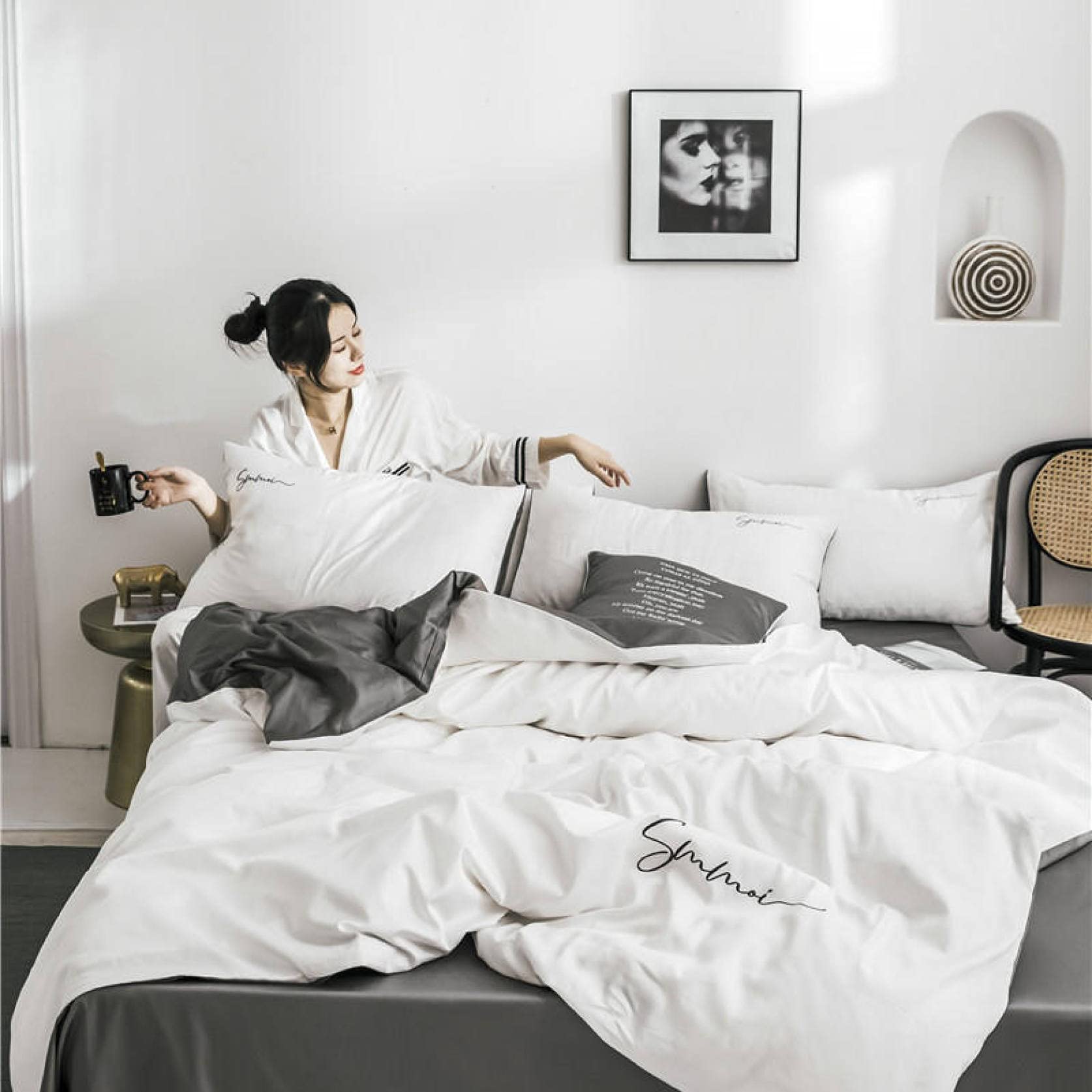 シンプルな白黒布団セット Amazon｜両面使える 白 布団カバー ダブル シングル コットン D 敷き