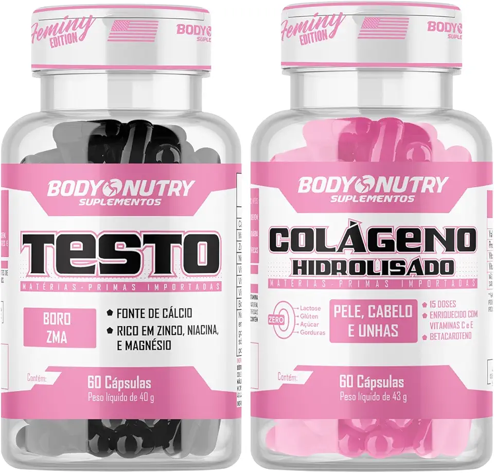 Kit Vitaminas e Minerais Feminy Pote 60 Capsulas com Boro Magnésio Zinco Niacina Cálcio Vitamina B12 e B6 + Colágeno Hidrolizado Feminino 60 Caps Enriquecido Vitamin C e E Fortalece Pele Cabelo Unhas