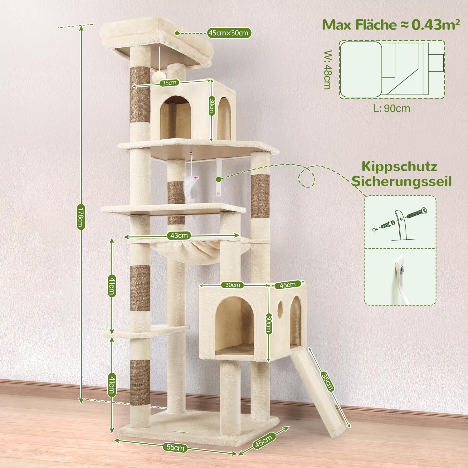 Globlazer F70 Pro Kratzbaum Groß Beige 180cm mit hängematte für 2-4 Katze | XXL Stabil Katzenbaum mit 2 Katzenhaus, Gepolsterte Plattformen, Kratzrampe Sisal, für Große Katzen Ausruhen Spielen