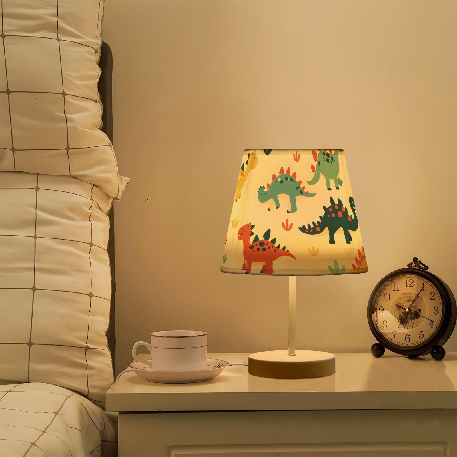 Mnsruu Lámpara de mesita de noche con dibujos animados de dinosaurio, lámpara de mesa infantil, bombillas LED, lámpara de escritorio, pantallas de tela para dormitorio, sala de estar, mediana