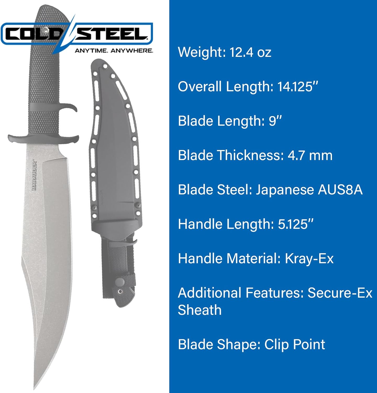 COLD STEEL Marauder 9" Japanese AUS8A Clip Point Blade 5.125" Kray-Ex Handle Tactical Outdoor Hunting Fixed Blade Knife w/Secure-Ex Sheath