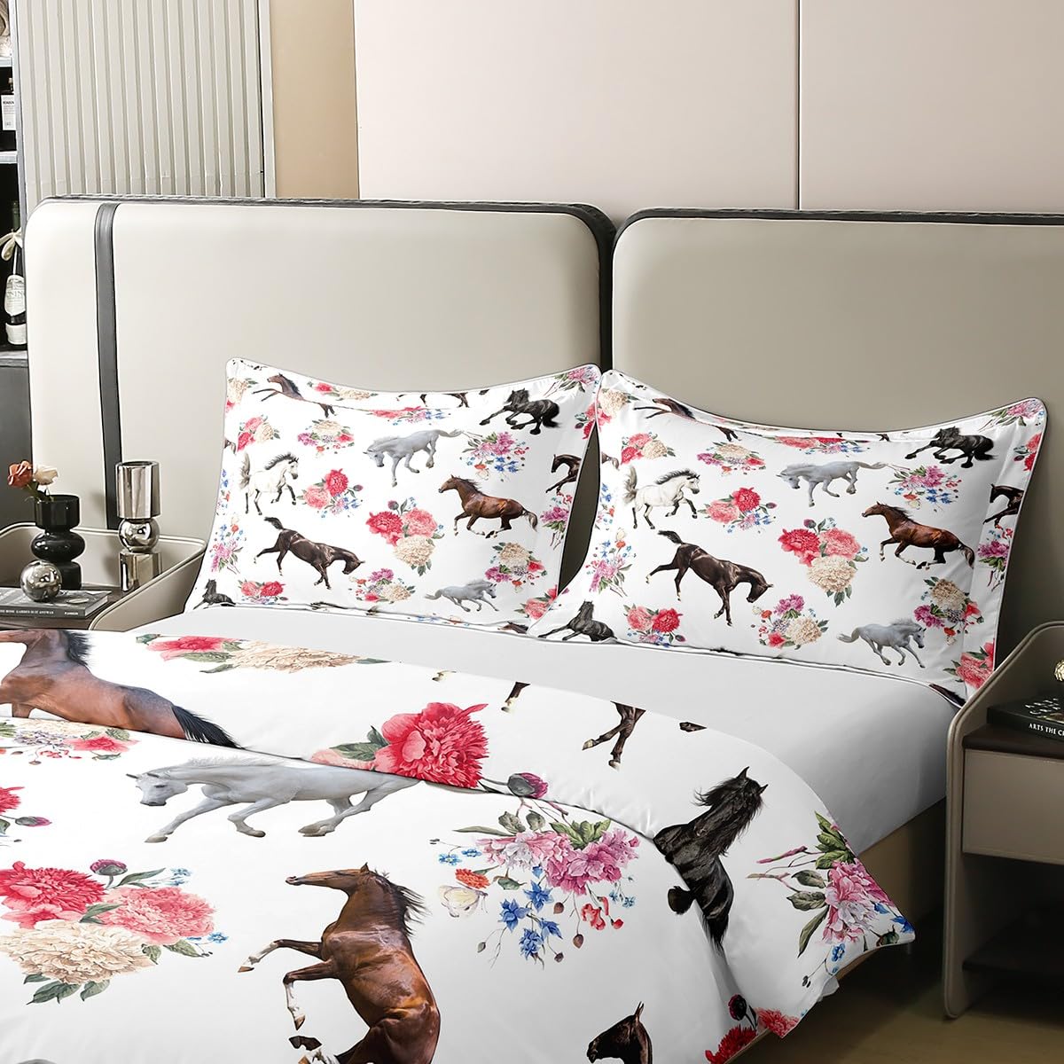 Homewish Horse 100% Cotton Duvet Cover King,Romantic Floral Comforter Cover,Farmhouse Western Cowboy Bedding Set,Rustic Farm Aniamls Bedspread Cover,Cartoon Horse Flowers Quilt Cover - Image 4