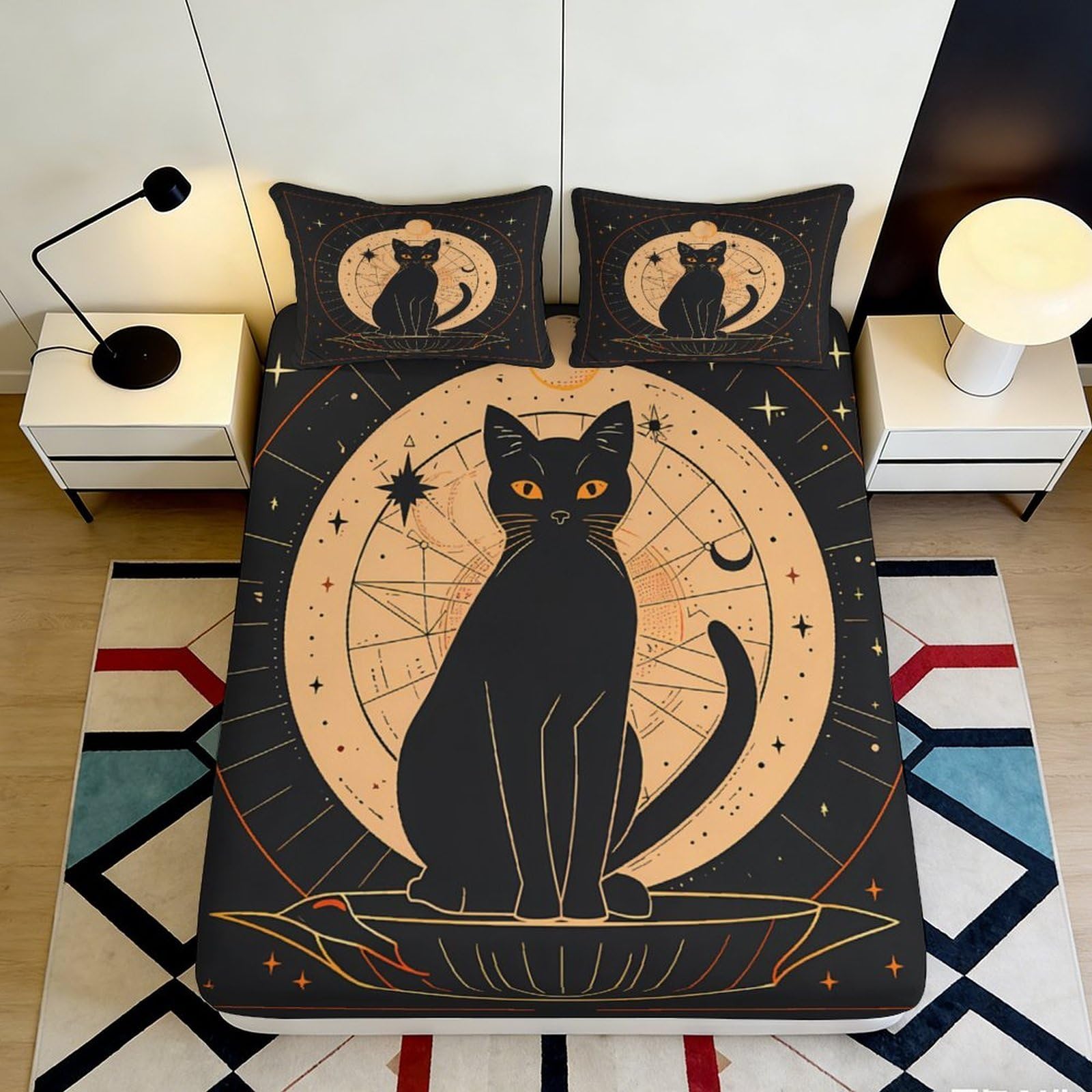 Pnayamiorkfel Style-1 3D Printed Mystic Black Cat Fitted Sheet Microfiber Soft Breathable Cosmic Constellation Mattress Cover For Bedroom Decor 90X200x25cm